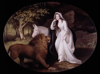 Una ja leijona (Isabella Saltonstall Unan roolissa Spenserin Faerie Queene -teoksessa), 1782 (emalimaali keraamiselle laatalle).